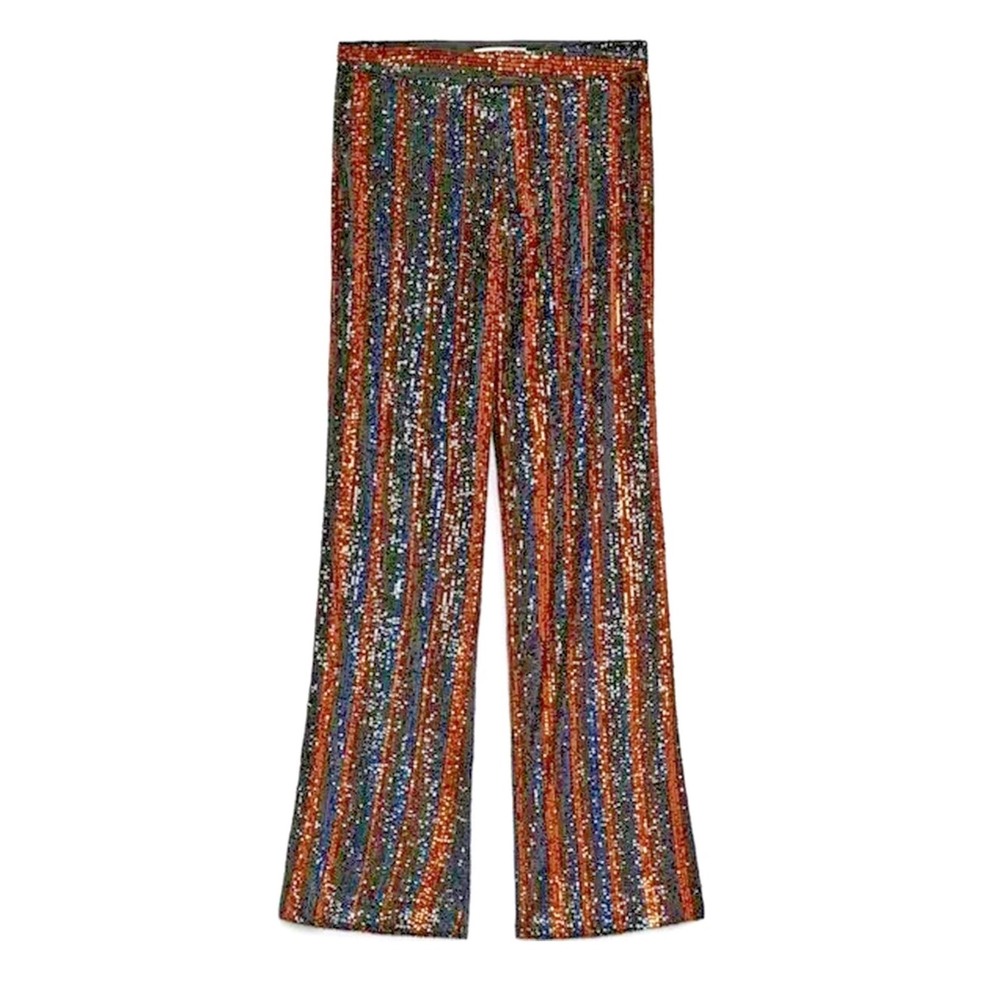 Zara The Abbey Flared Sequin Pants Women S Orange Black Striped Retro Party Glam